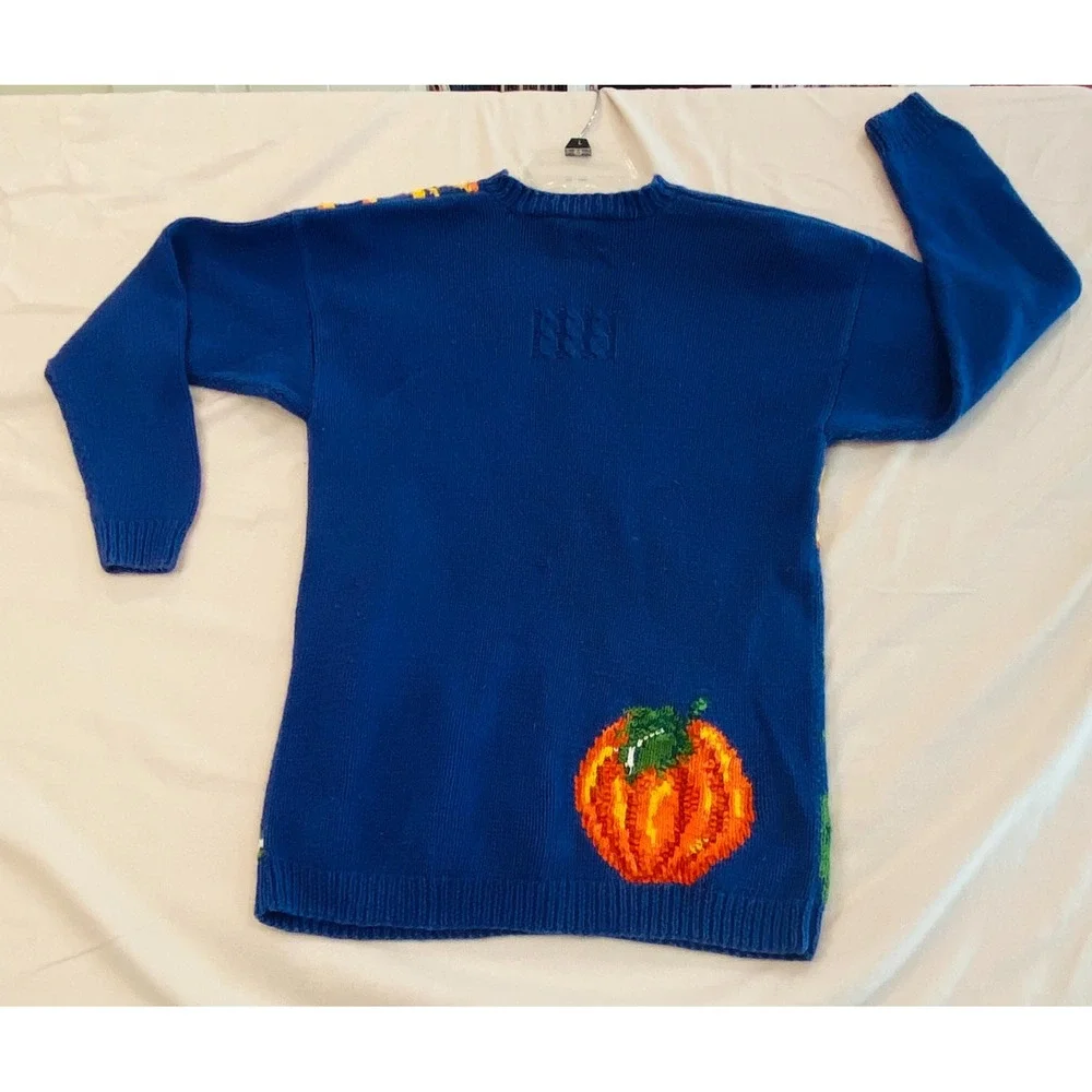 Vintage Marisa Christina Sweater Small Overalls Pumpkins Hand Knit Scarecrow Sun - Picture 7 of 8